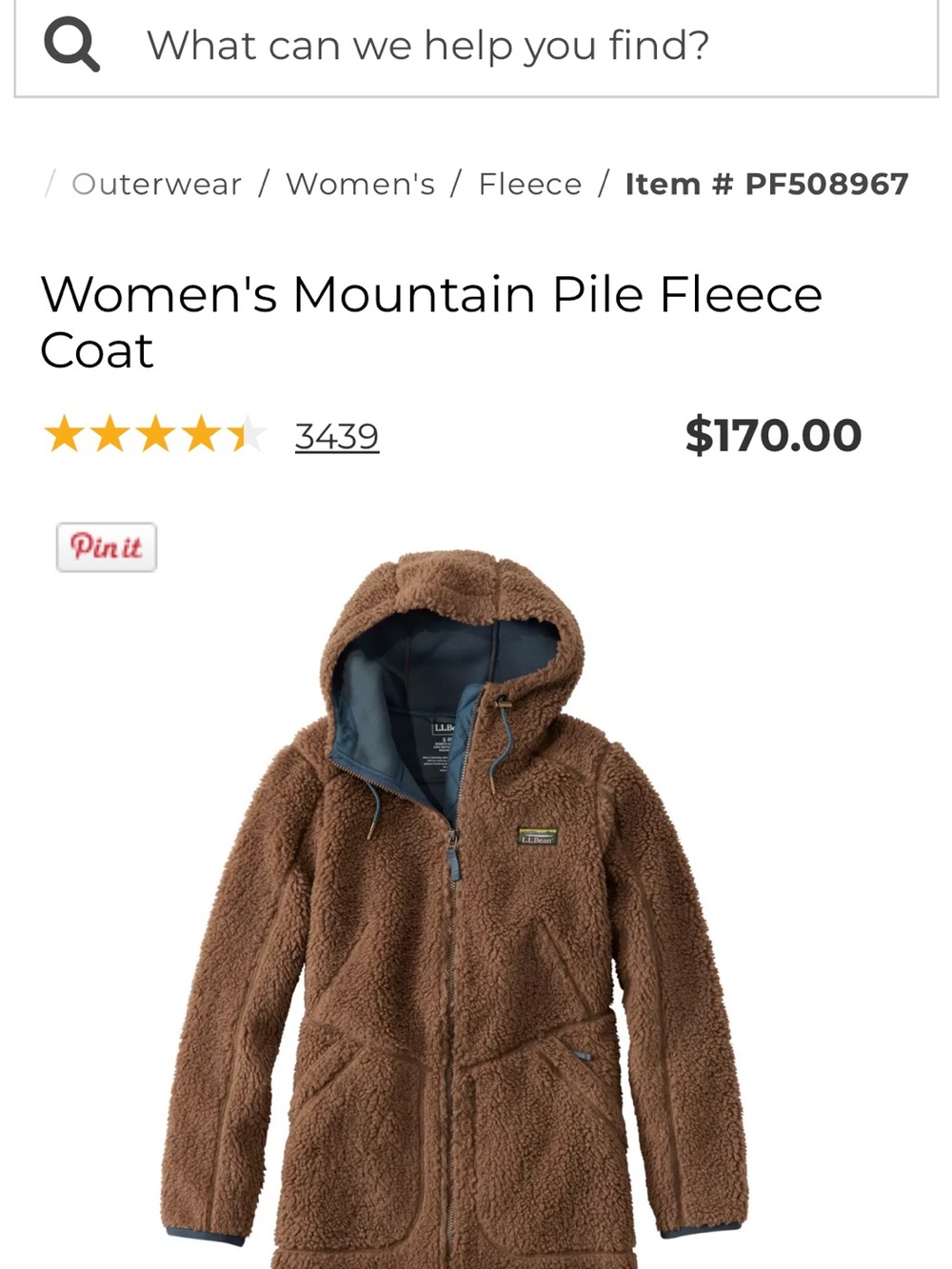 L.L. Bean Women's Mountain Pile Fleece Coat in Brown